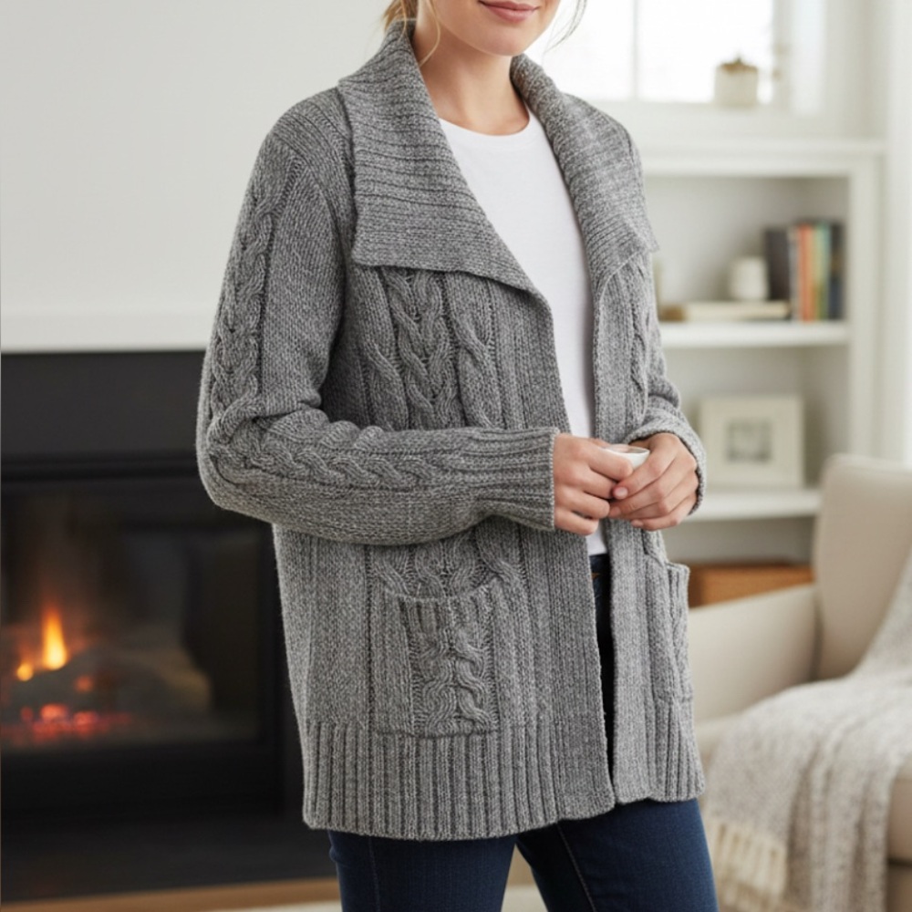 St. Johnโs Bay Grey Cable Knit Button Down Collared Cardigan Sweater